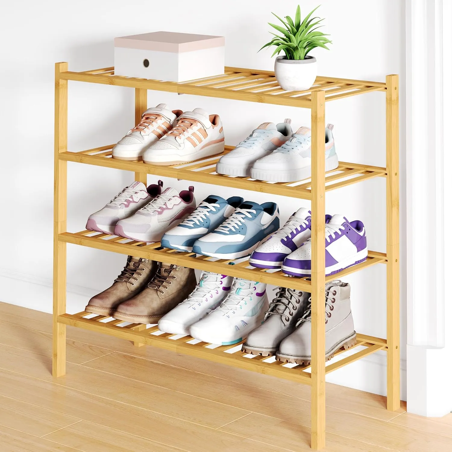 Smiry Bamboo Shoe Rack for Closet, 4 Tier Wooden Stackable Shoe Organizer, Free Standing Shoes Storage Shelf for Entryway, Front Door Entrance, Natural