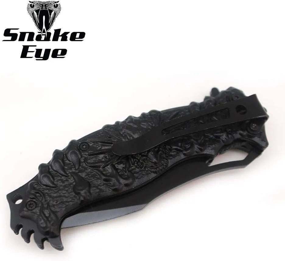 Snake Eye Tactical Fantasy Flaming Dragon Design Folding Knife Outdoor Survival Pocket Knife Small one-Hand Knife (Red-1)
