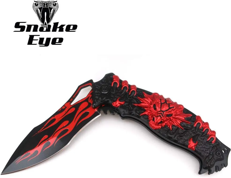 Snake Eye Tactical Fantasy Flaming Dragon Design Folding Knife Outdoor Survival Pocket Knife Small one-Hand Knife (Red-1)