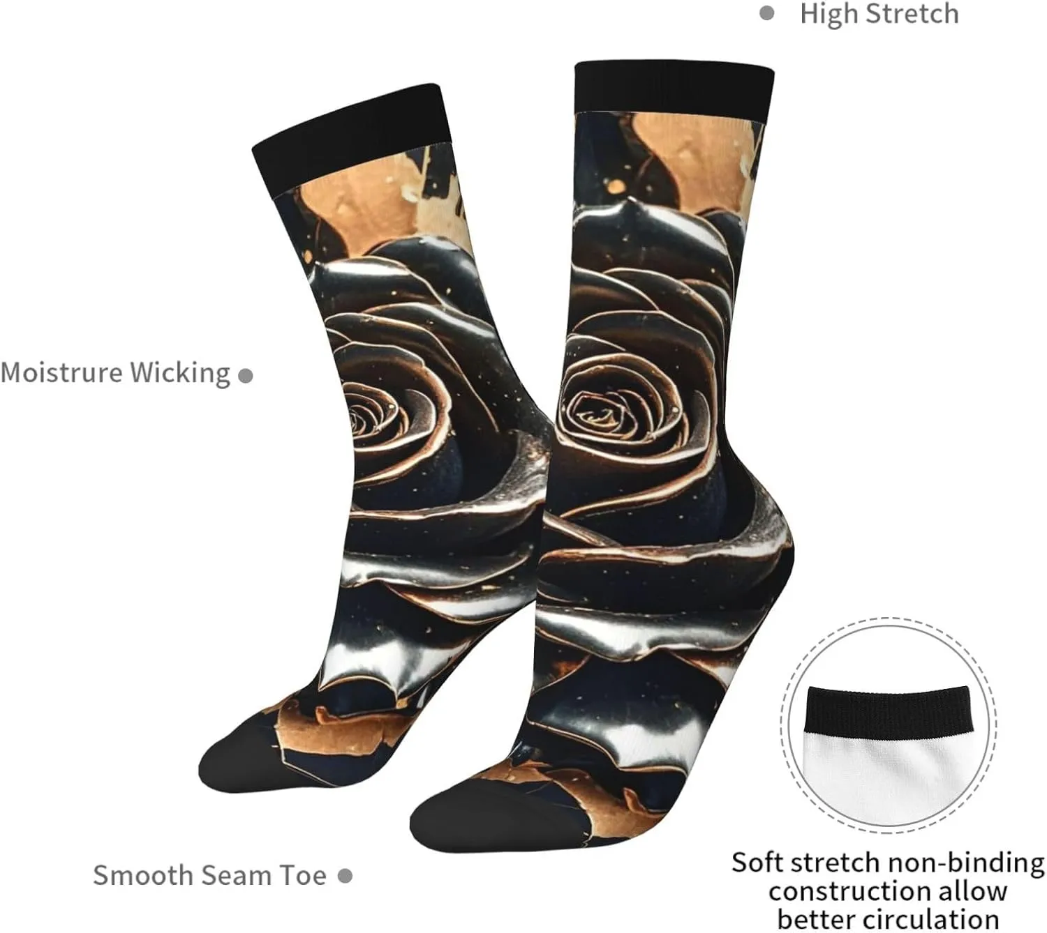 Socks for Women Men Breathable Moisture Wicking Boot Socks Black rose gold Marble Warm Calf Socks