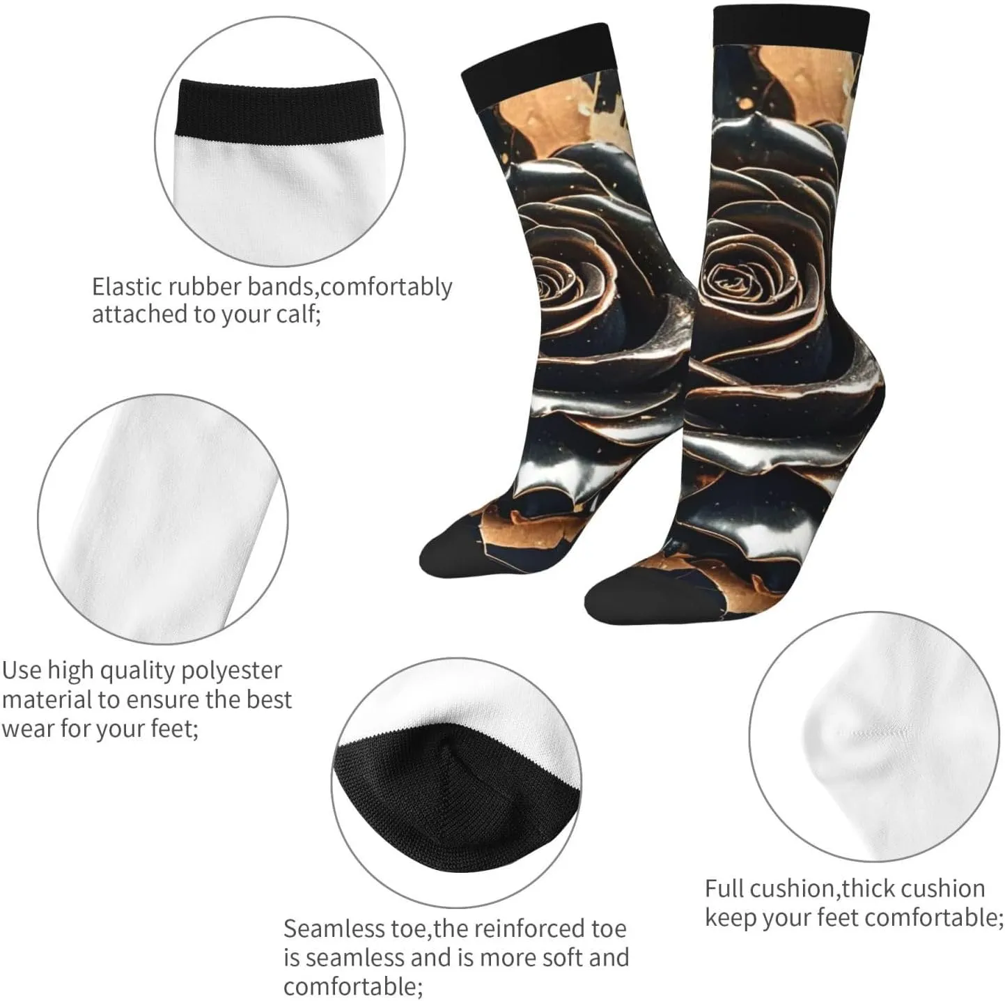 Socks for Women Men Breathable Moisture Wicking Boot Socks Black rose gold Marble Warm Calf Socks