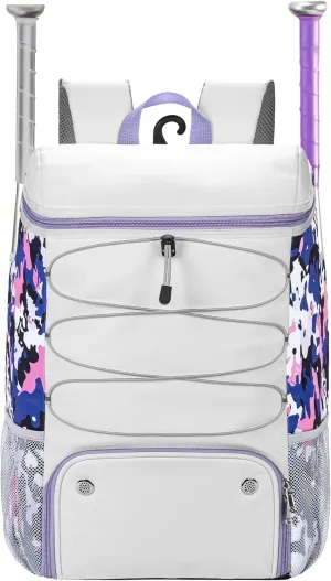 Softball Bag for Youth Adult, Sturdy Leather Baseball Bat Backpack with Shoe Compartment, Waterproof Baseball Bag with Fence Hook for TBall Bat & Equipment