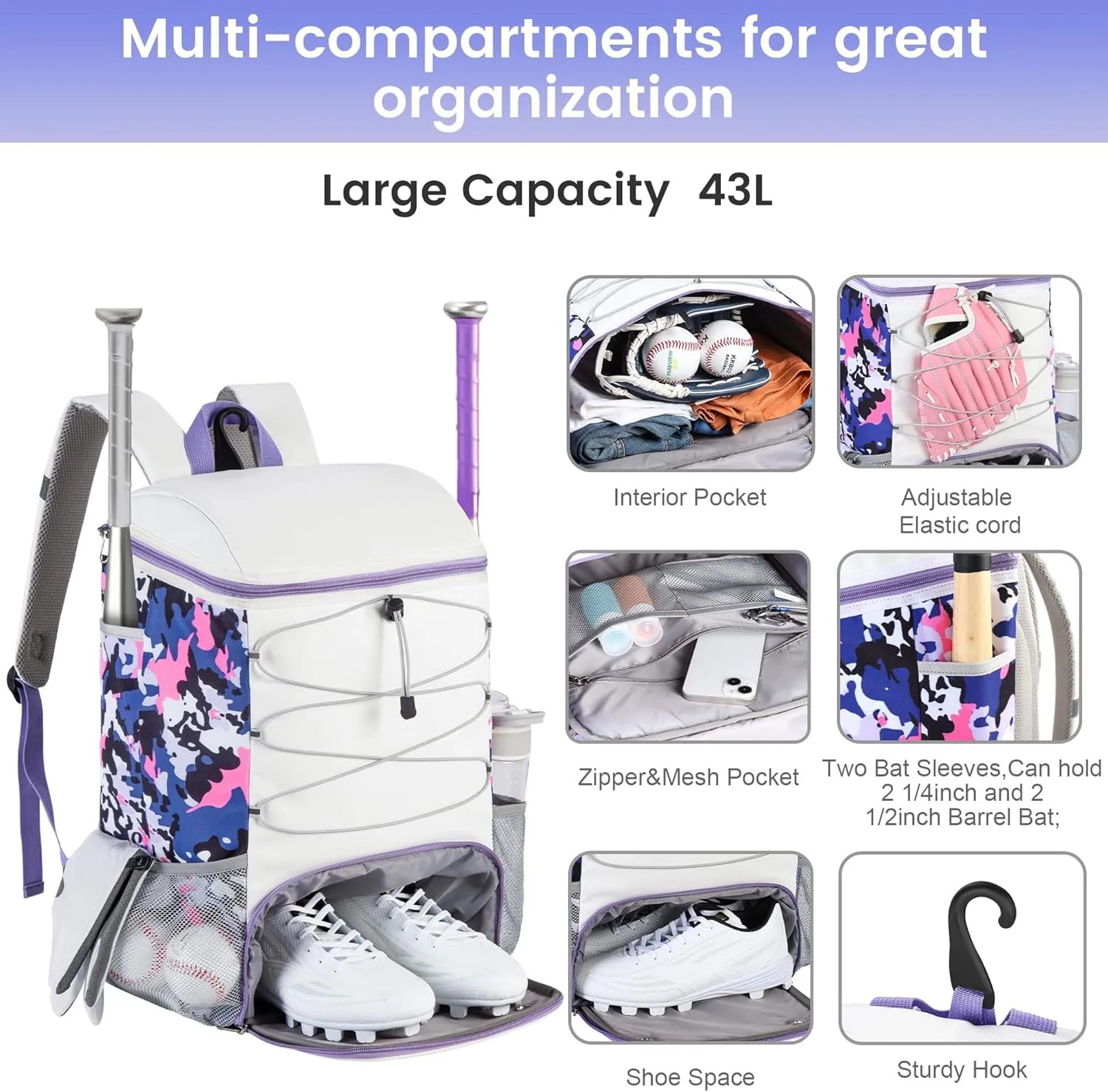 Softball Bag for Youth Adult, Sturdy Leather Baseball Bat Backpack with Shoe Compartment, Waterproof Baseball Bag with Fence Hook for TBall Bat & Equipment
