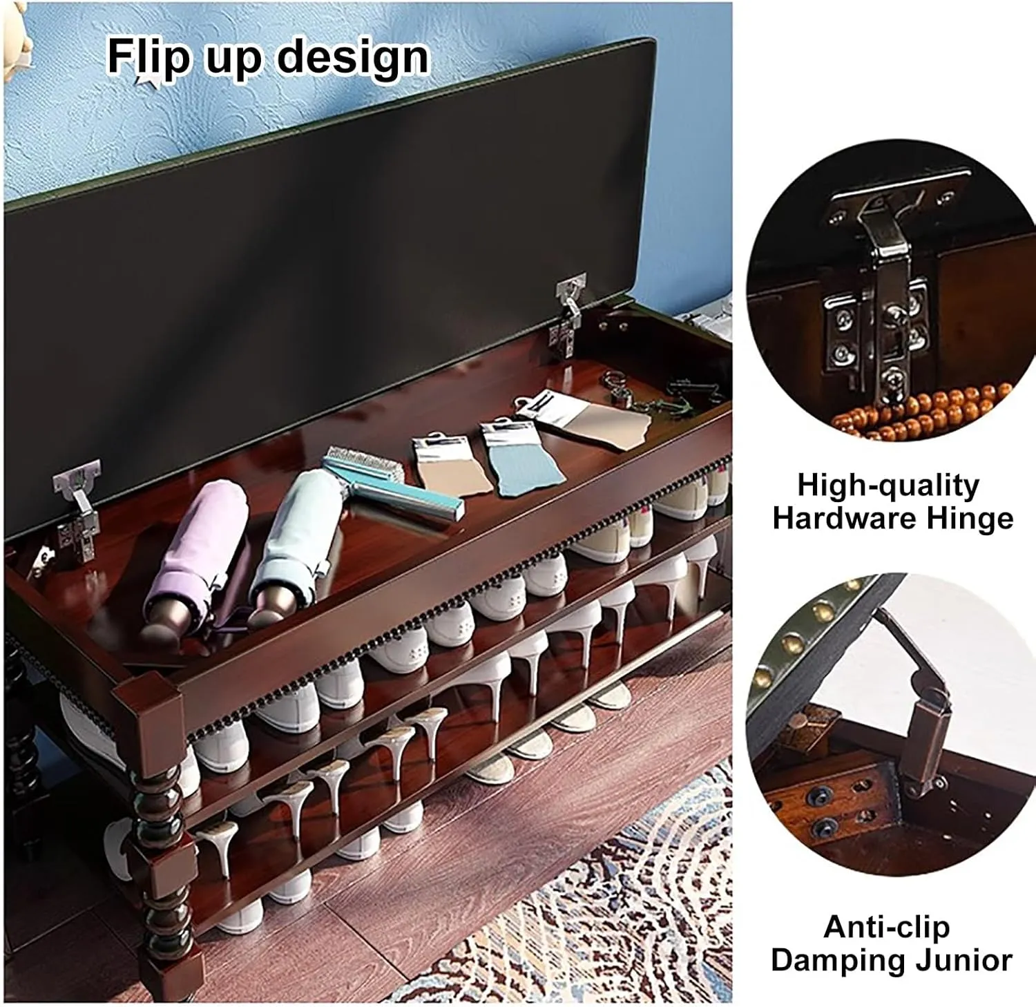 Solid Wood 2 Tier Shoe Rack Bench with Flip Top & Padded Cushion Entryway Storage Stool