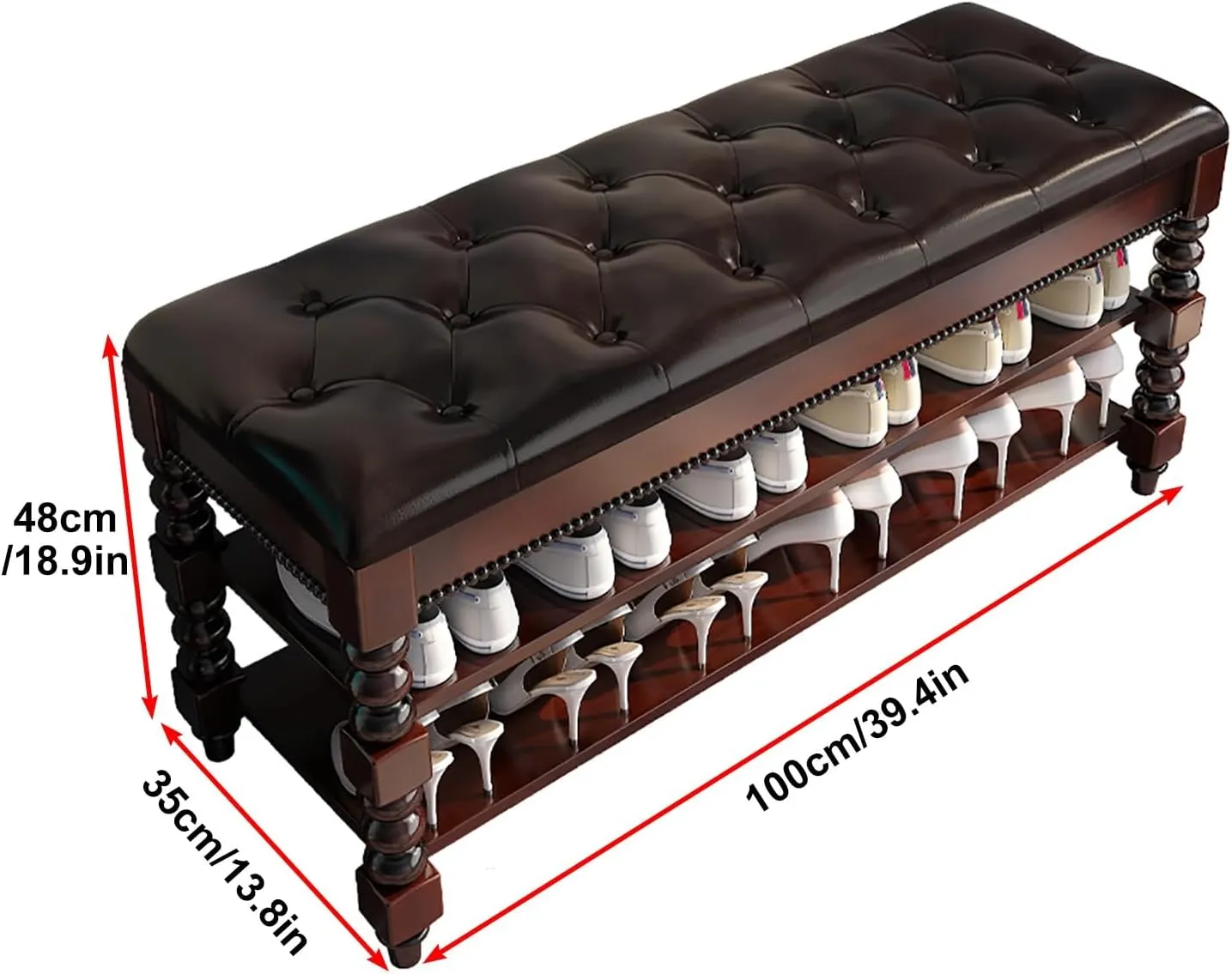 Solid Wood 2 Tier Shoe Rack Bench with Flip Top & Padded Cushion Entryway Storage Stool