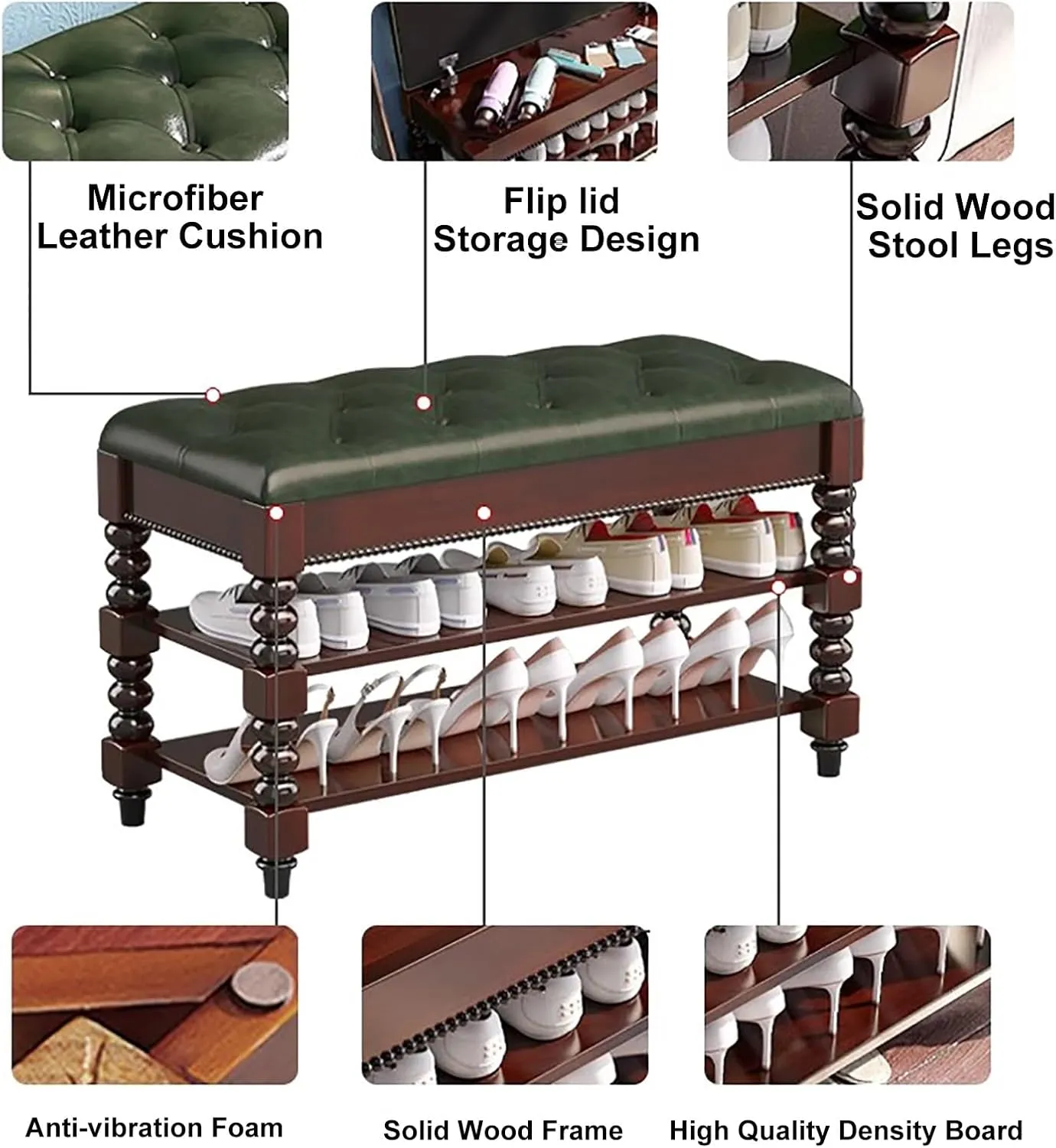 Solid Wood 2 Tier Shoe Rack Bench with Flip Top & Padded Cushion Entryway Storage Stool