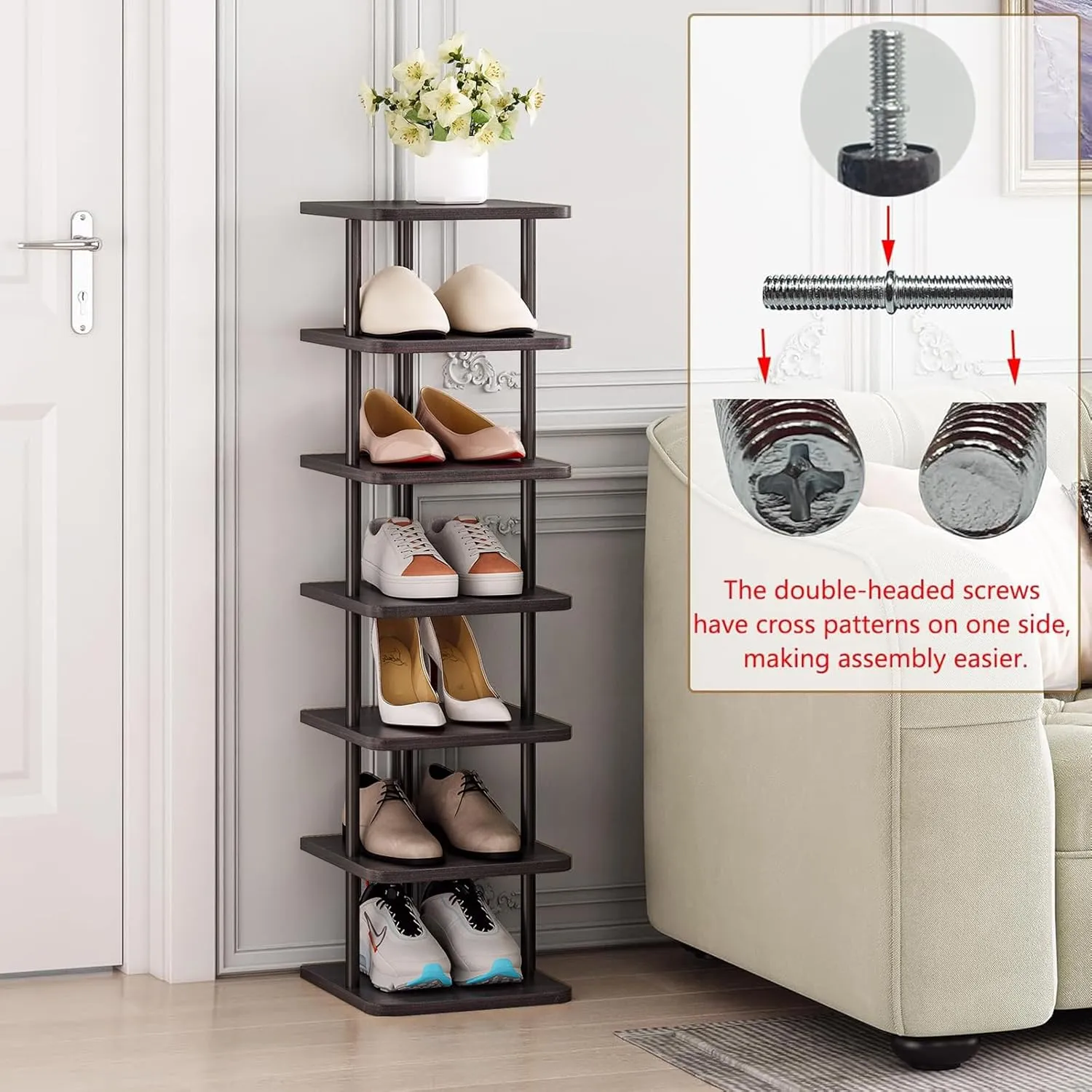 SORCEDAS Vertical Shoe Rack Tall Narrow Shoe Shelf Storage 7 Tier Corner Shoe Organizer for Closet Entryway Garage(Black   Rustic Dark Brown)