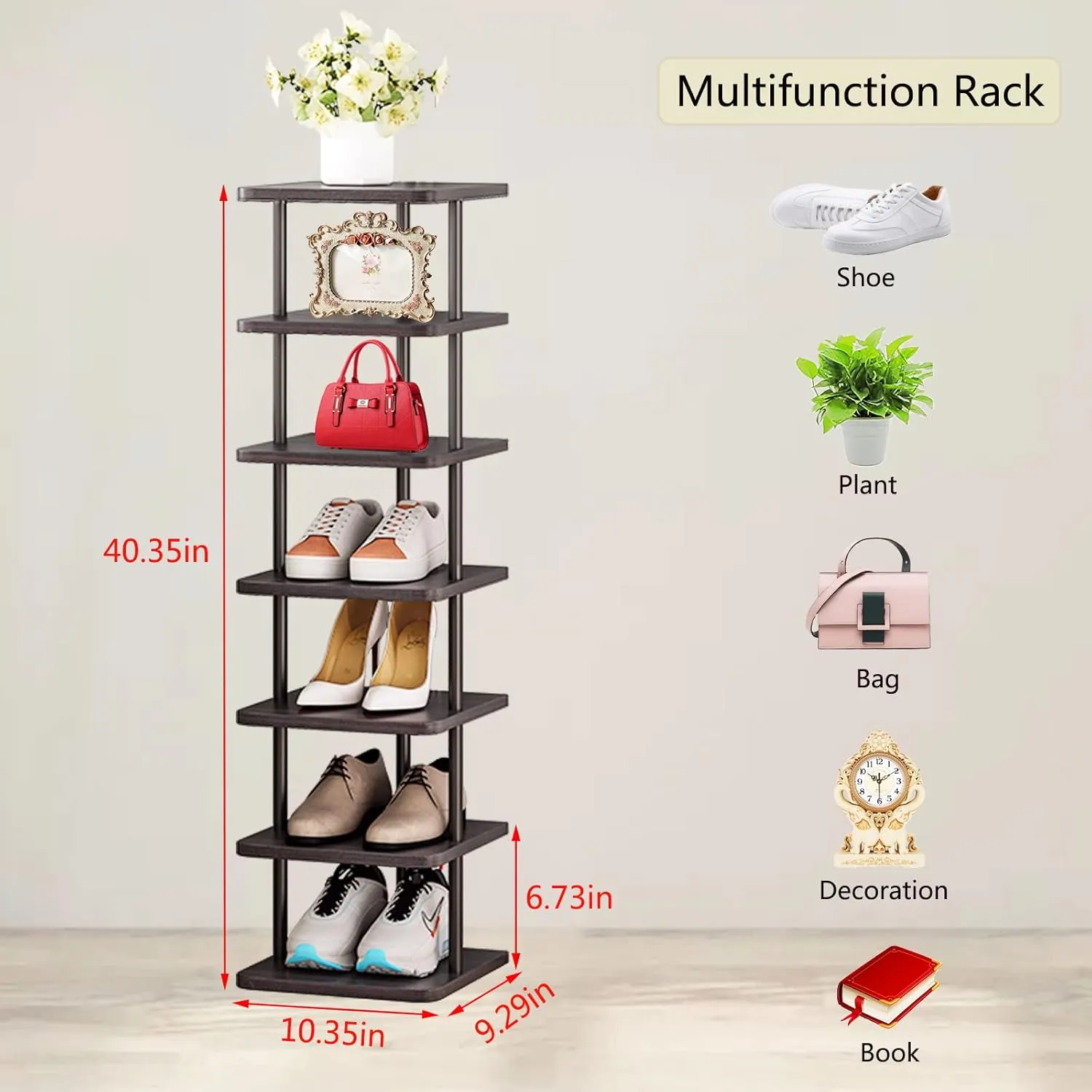 SORCEDAS Vertical Shoe Rack Tall Narrow Shoe Shelf Storage 7 Tier Corner Shoe Organizer for Closet Entryway Garage(Black   Rustic Dark Brown)