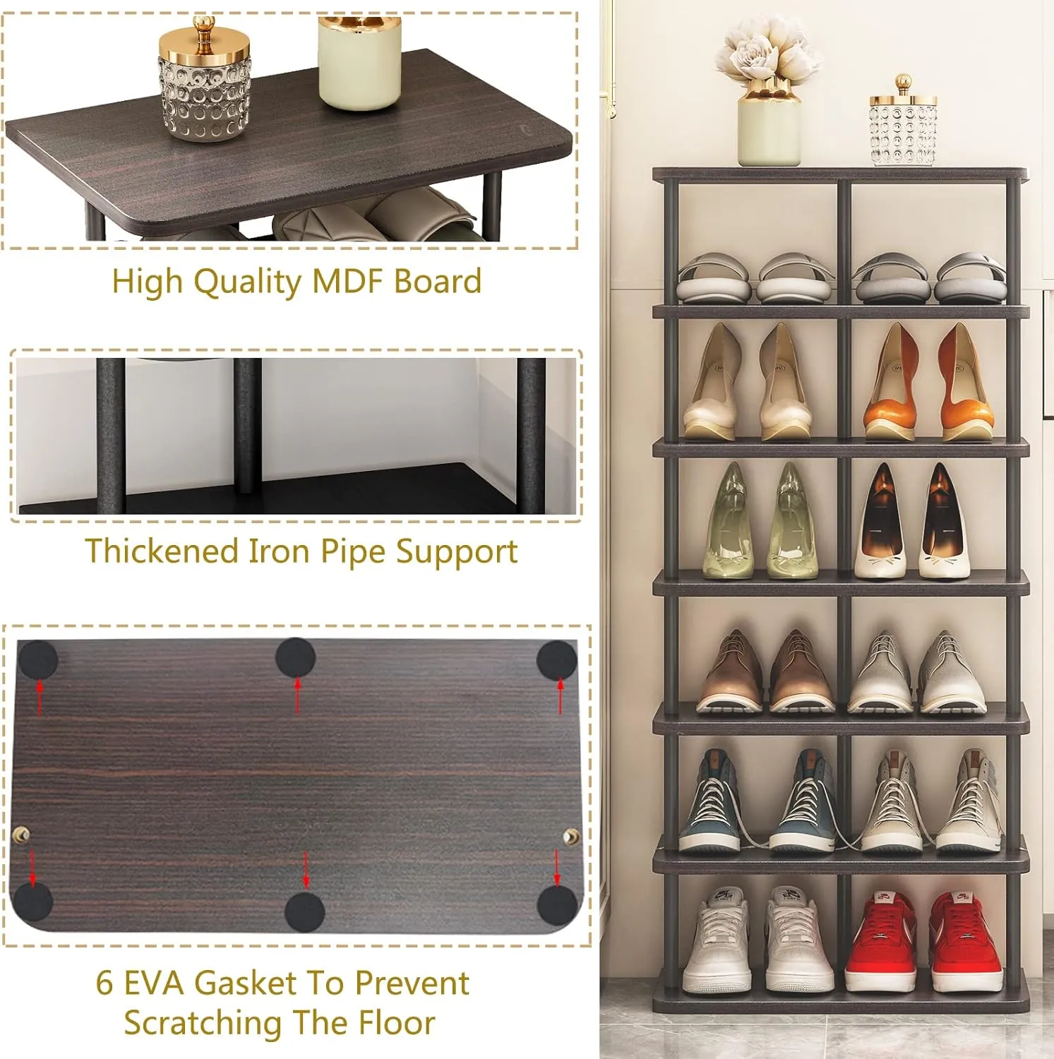 SORCEDAS Vertical Shoe Rack Tall Narrow Shoe Shelf Storage 7 Tier Corner Shoe Organizer for Closet Entryway Garage(Black   Rustic Dark Brown)