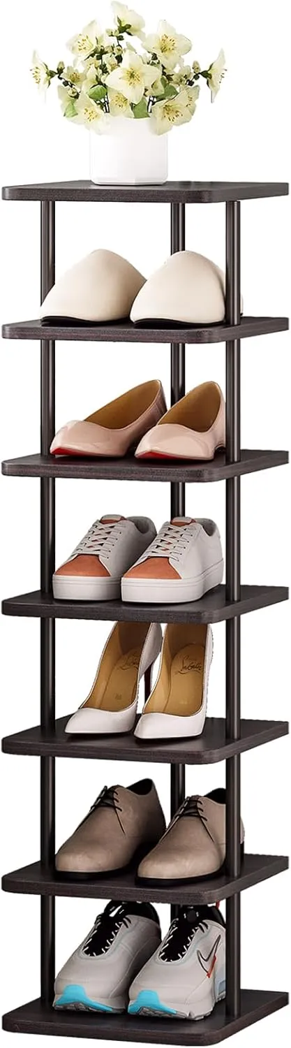 SORCEDAS Vertical Shoe Rack Tall Narrow Shoe Shelf Storage 7 Tier Corner Shoe Organizer for Closet Entryway Garage(Black   Rustic Dark Brown)