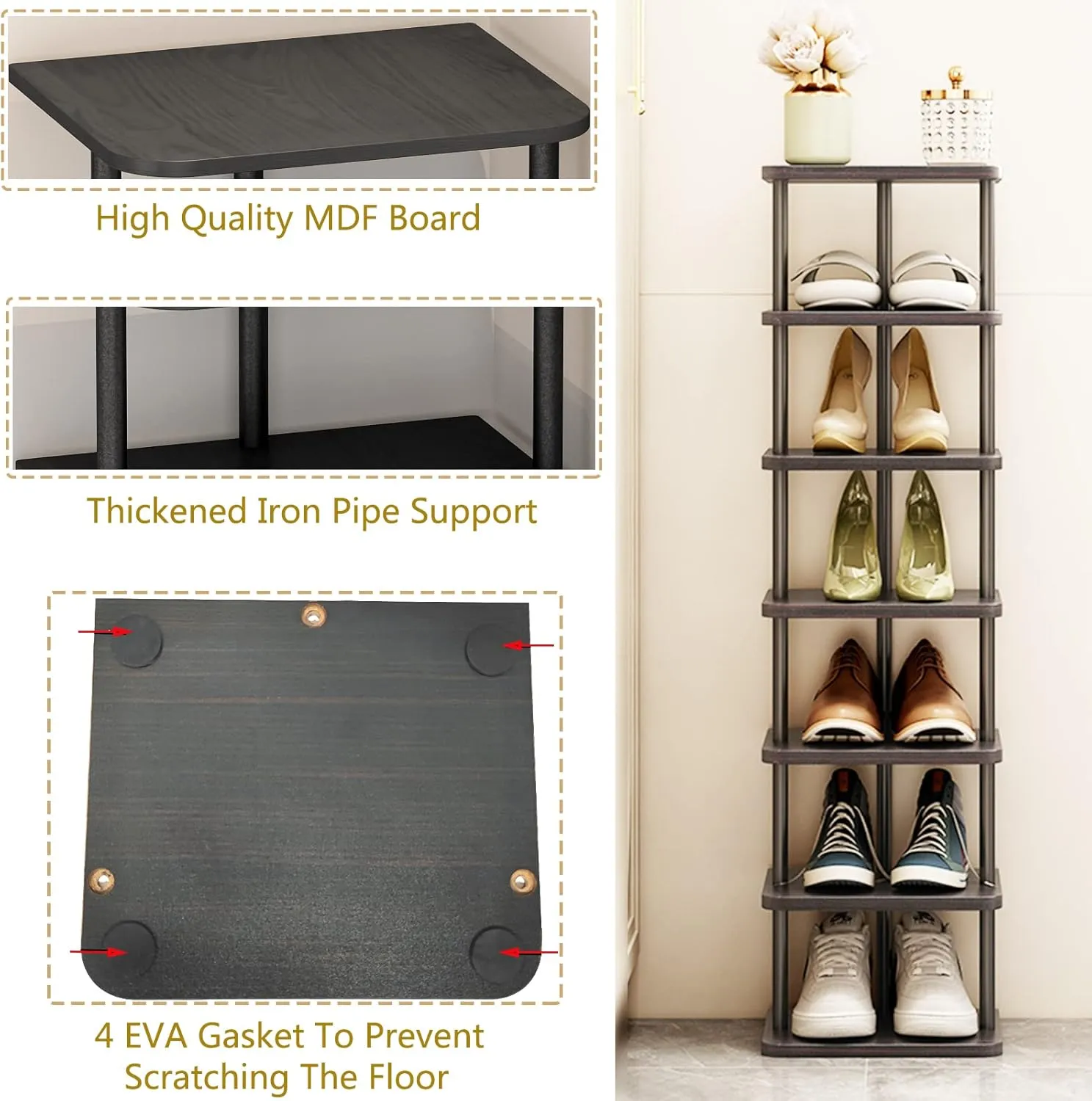 SORCEDAS Vertical Shoe Rack Tall Narrow Shoe Shelf Storage 7 Tier Corner Shoe Organizer for Closet Entryway Garage(Black   Rustic Dark Brown)