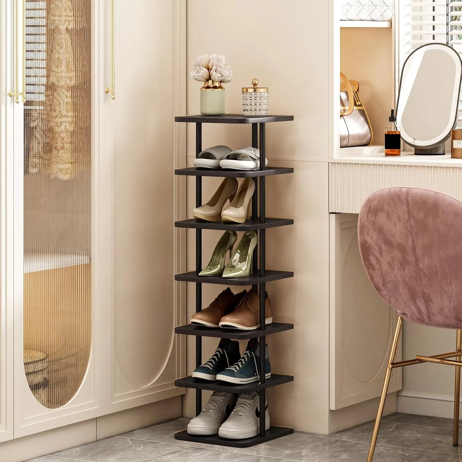 SORCEDAS Vertical Shoe Rack Tall Narrow Shoe Shelf Storage 7 Tier Corner Shoe Organizer for Closet Entryway Garage(Black   Rustic Dark Brown)