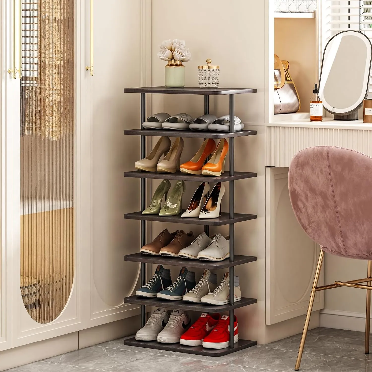 SORCEDAS Vertical Shoe Rack Tall Narrow Shoe Shelf Storage 7 Tier Corner Shoe Organizer for Closet Entryway Garage(Black   Rustic Dark Brown)