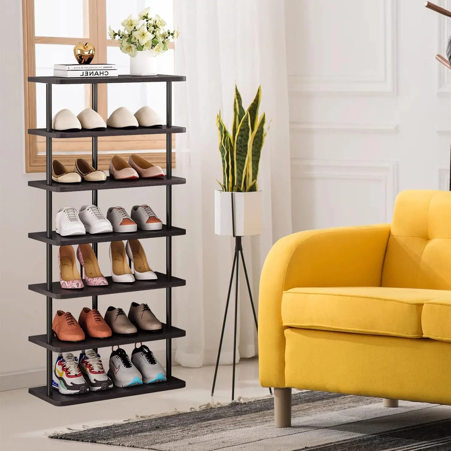 SORCEDAS Vertical Shoe Rack Tall Narrow Shoe Shelf Storage 7 Tier Corner Shoe Organizer for Closet Entryway Garage(Black   Rustic Dark Brown)