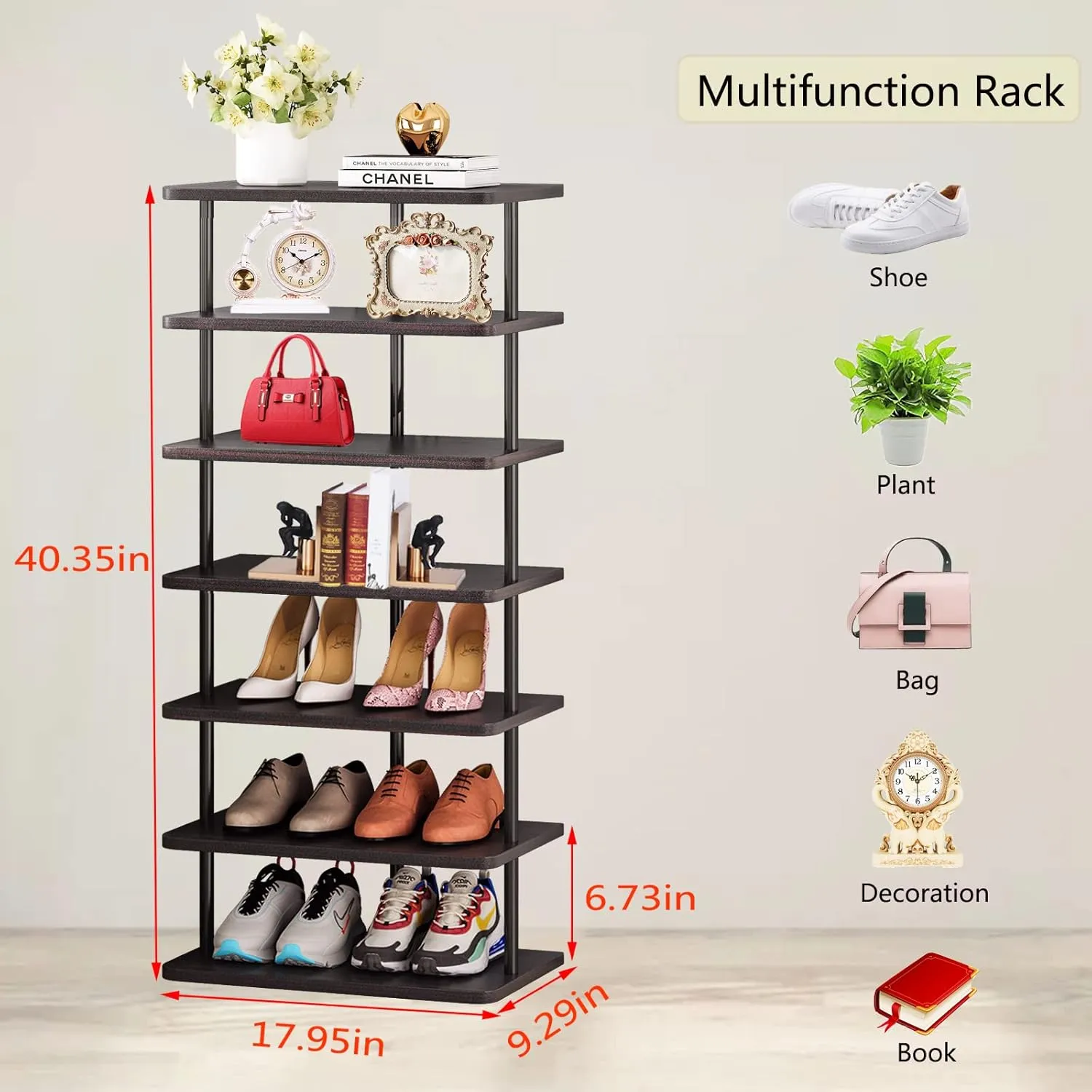 SORCEDAS Vertical Shoe Rack Tall Narrow Shoe Shelf Storage 7 Tier Corner Shoe Organizer for Closet Entryway Garage(Black   Rustic Dark Brown)