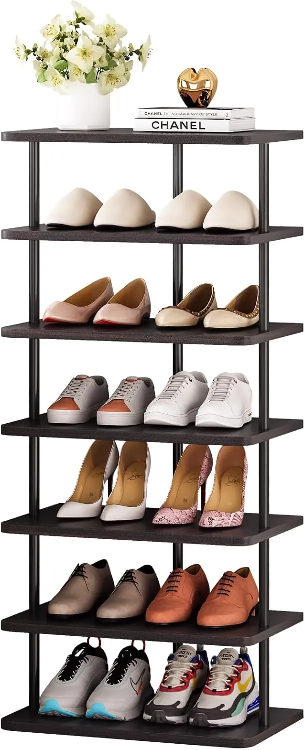 SORCEDAS Vertical Shoe Rack Tall Narrow Shoe Shelf Storage 7 Tier Corner Shoe Organizer for Closet Entryway Garage(Black   Rustic Dark Brown)