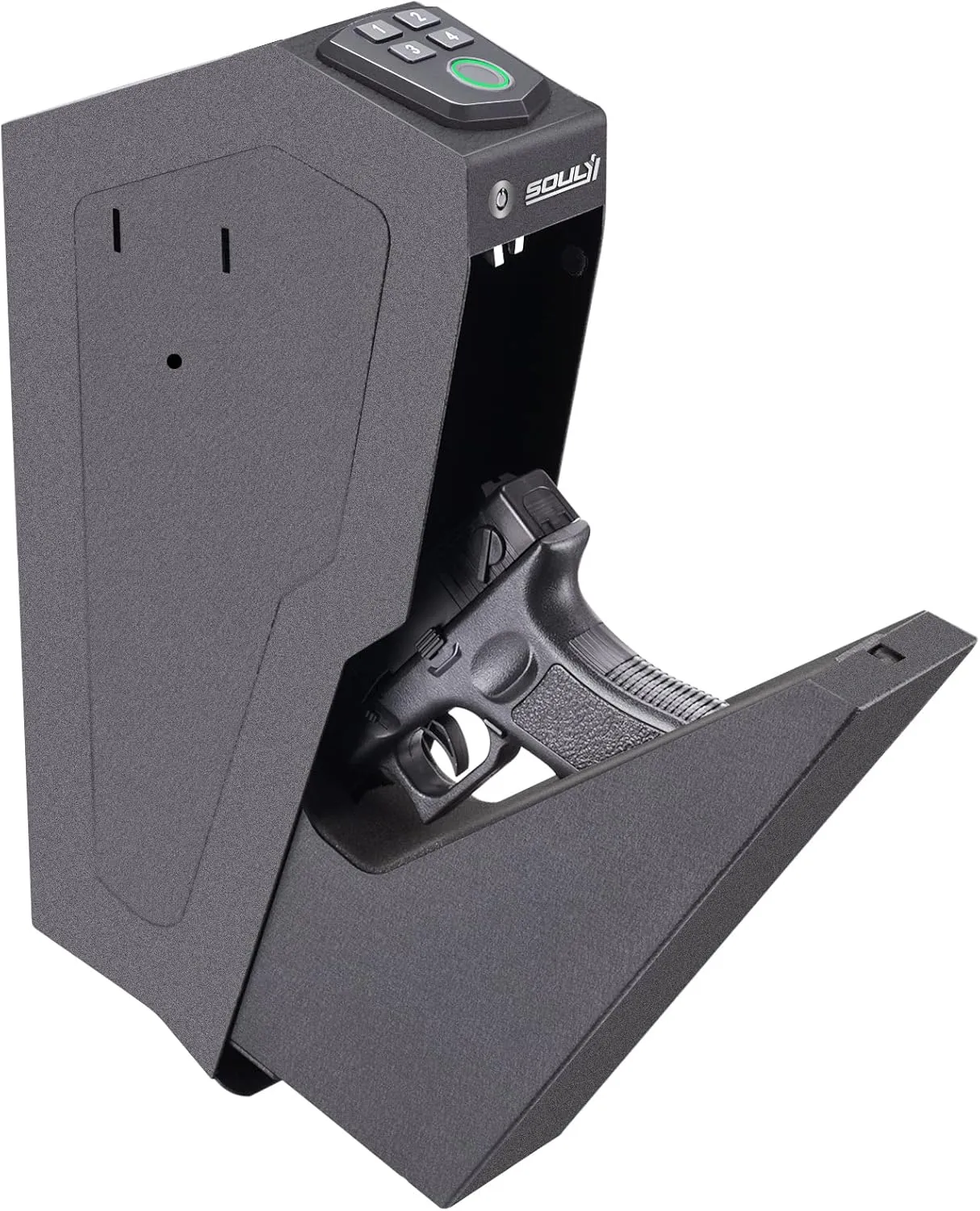 SOULYI Mounted Biometric Gun Safe For Pistols, Auto Open Handgun Safe, Pistol Safe With Fingerprint Keypad Key Quick Access For Guns Storage By Desk Nightstand Wall Cabinet Frosted Black