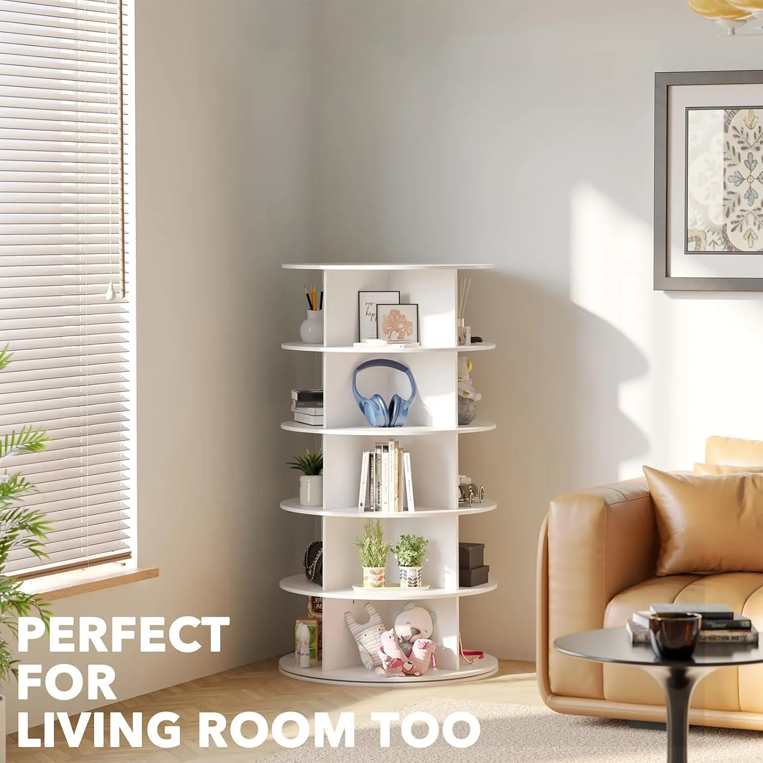 SpaceAid 5 Tier Rotating Shoe Rack Tower, Spinning Shoe Display Lazy Susan, Revolving 360 Shoe Rack Storage Round Carousel, Vertical Handbag Rotate Shoes Closet Organization (5-Tier White)