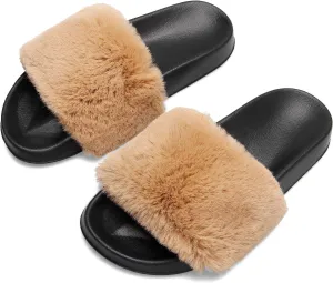 Spesoul Womens Fuzzy Slides Open Toe Furry Slide Slippers Indoor Outdoor Slides Sandals Casual Flat Fluffy House Slippers
