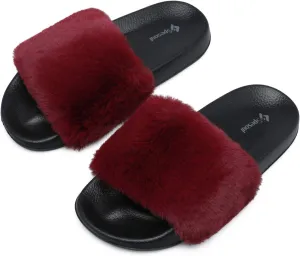 Spesoul Womens Fuzzy Slides Open Toe Furry Slide Slippers Indoor Outdoor Slides Sandals Casual Flat Fluffy House Slippers