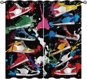 Sports Blackout Curtains for Boys Teens Home Decor, Sneaker Shoes Aesthetic Cool Colorful Graffiti Grommet Thermal Insulated Drapes Darkening Window Curtain for Bedroom Living Room, 42 x 63 Inch