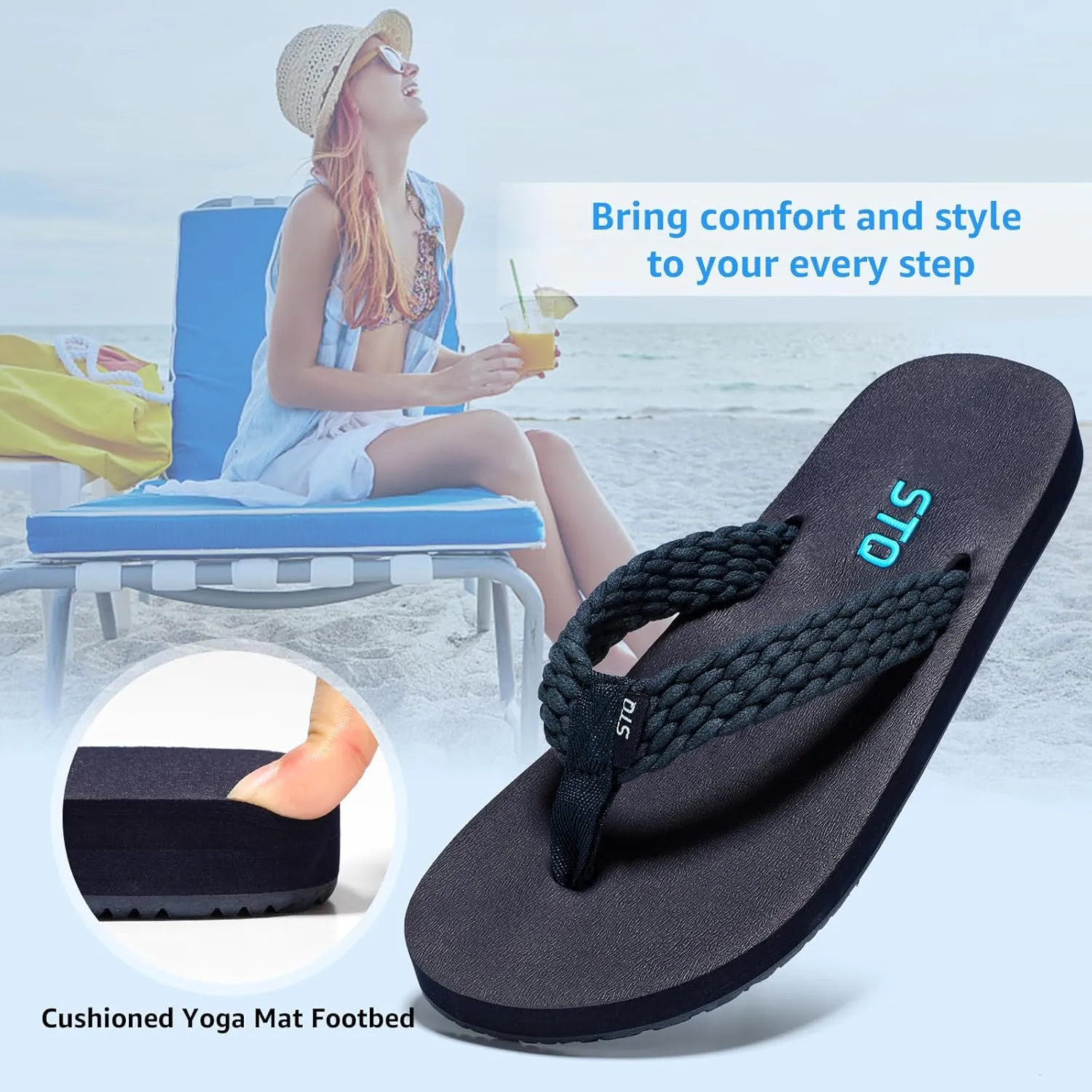 STQ Womens Quick Dry Flip Flops with Yoga Mat Sole丨Arch Support Thong Sandals