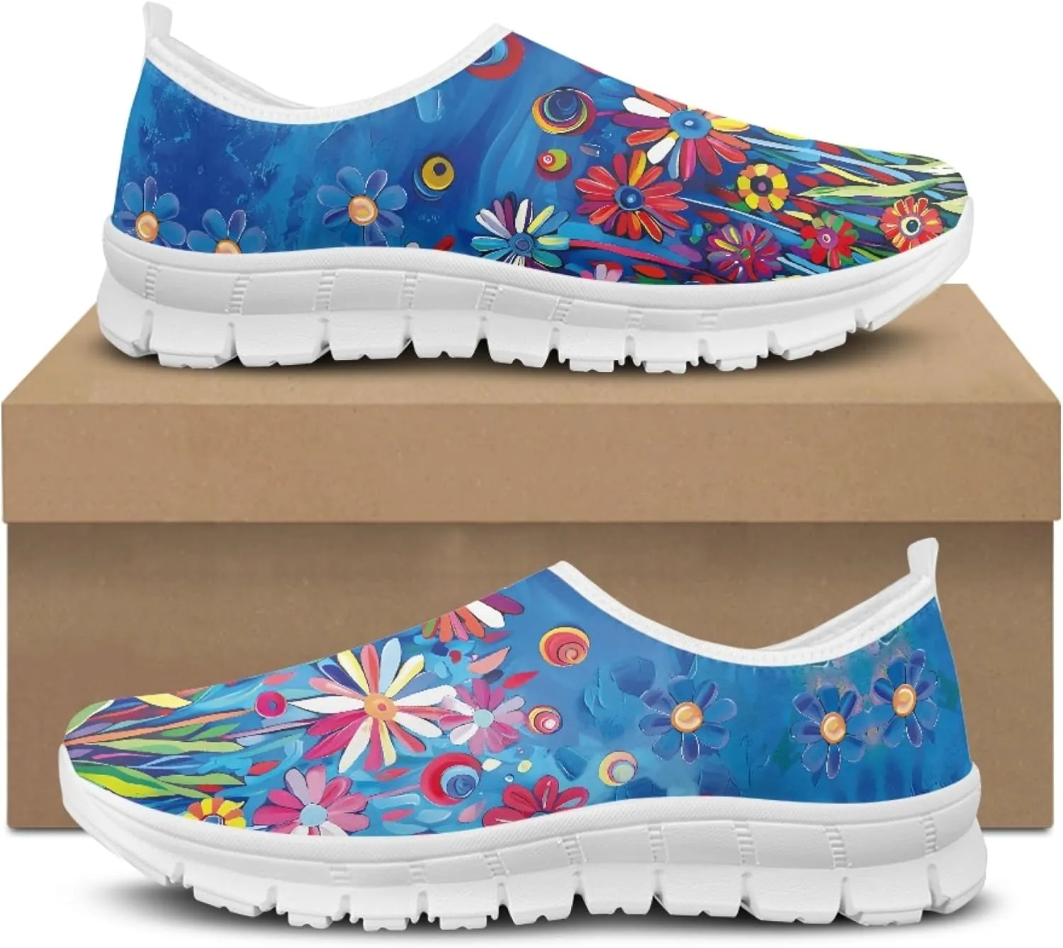 Stylish Print Women's Slip on Walking Shoes Low-Top Mesh Flat Sneaker Shoes Size 5-10.5