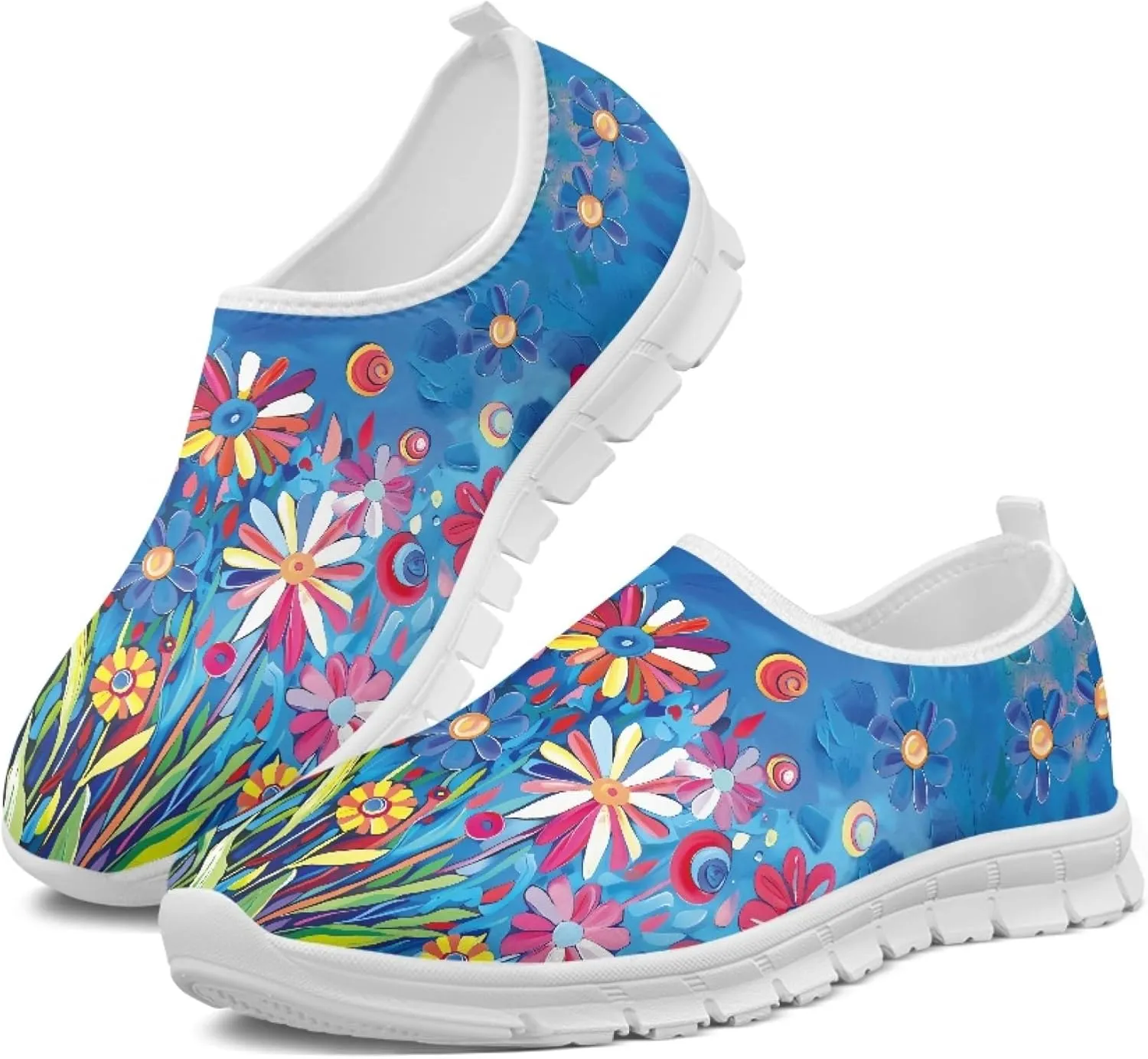 Stylish Print Women's Slip on Walking Shoes Low-Top Mesh Flat Sneaker Shoes Size 5-10.5