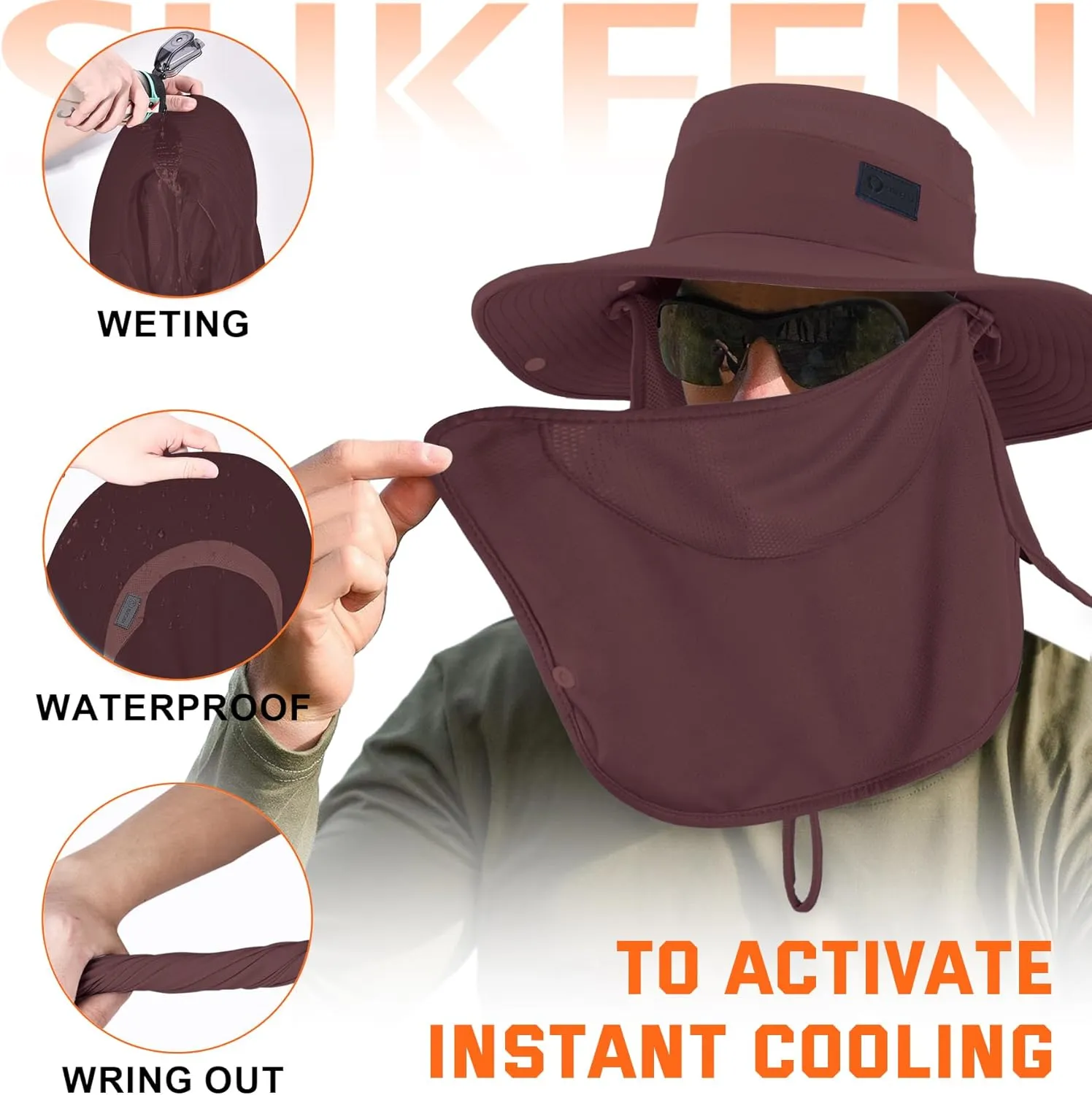 Sukeen Fishing Hat for Men Women, Wide Brim Outdoor UPF 50  Sun Protection with Detachable Neck Flap and Face Mask