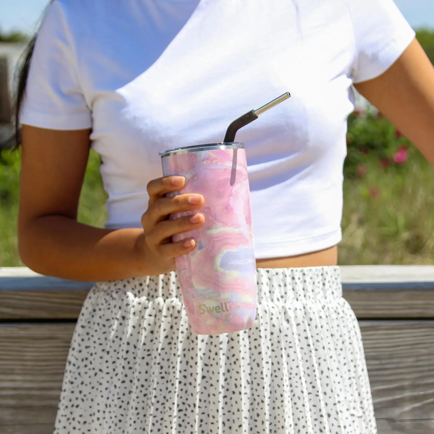 S'well Stainless Steel Tumbler with Straw and Slide-Open Lid, 24oz, Geode Rose, Triple Layered Vacuum Insulated Containers Keeps Drinks Cold for 18 Hours and Hot for 5, BPA Free