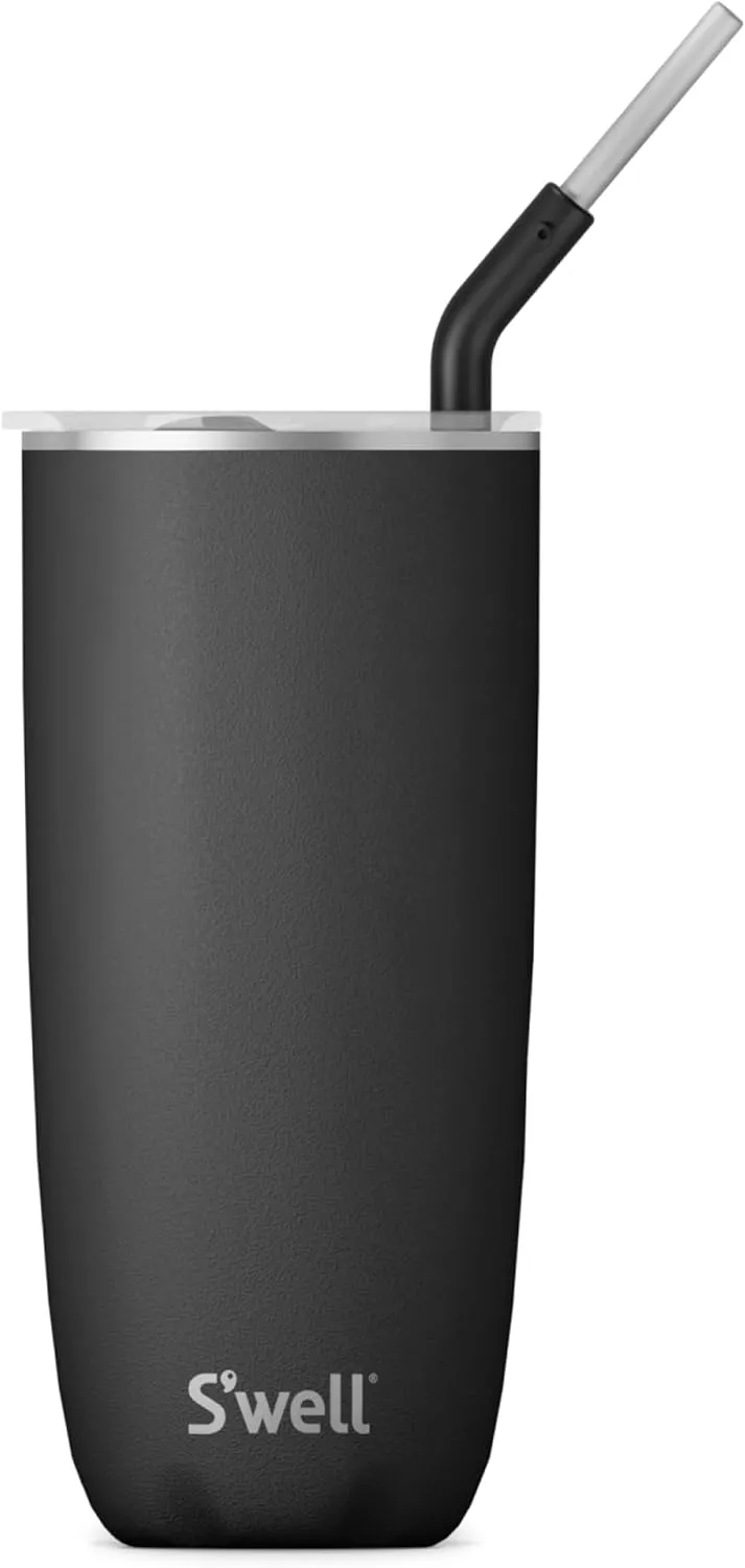 S'well Stainless Steel Tumbler with Straw and Slide-Open Lid, 24oz, Onyx, Triple Layered Vacuum Insulated Containers Keeps Drinks Cold for 18 Hours and Hot for 5, BPA Free