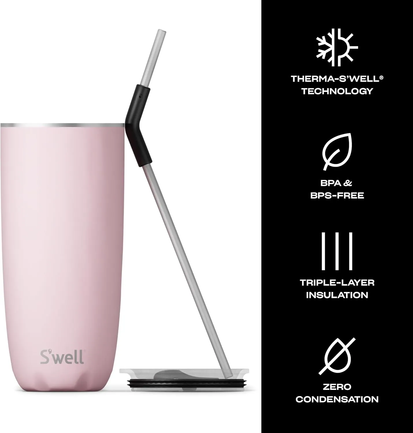 S'well Stainless Steel Tumbler with Straw and Slide-Open Lid, 24oz, Pink Topaz, Triple Layered Vacuum Insulated Containers Keeps Drinks Cold for 18 Hours and Hot for 5, BPA Free