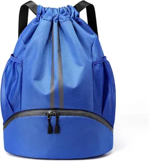 Swim Bag Drawstring Backpack with Wet Pocket Shoe Warehouse String Bag Sackpack for Beach Swimming Pool Gym Sports (Blue)