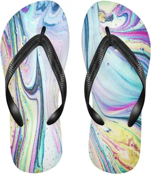 Swirls Marble Ripples Rainbow Womens Flip Flops Nature Stone Agate Summer Beach Sandals Casual Thong Slippers Comfortable Shower Slippers Non Slip Water Sandals shoes L