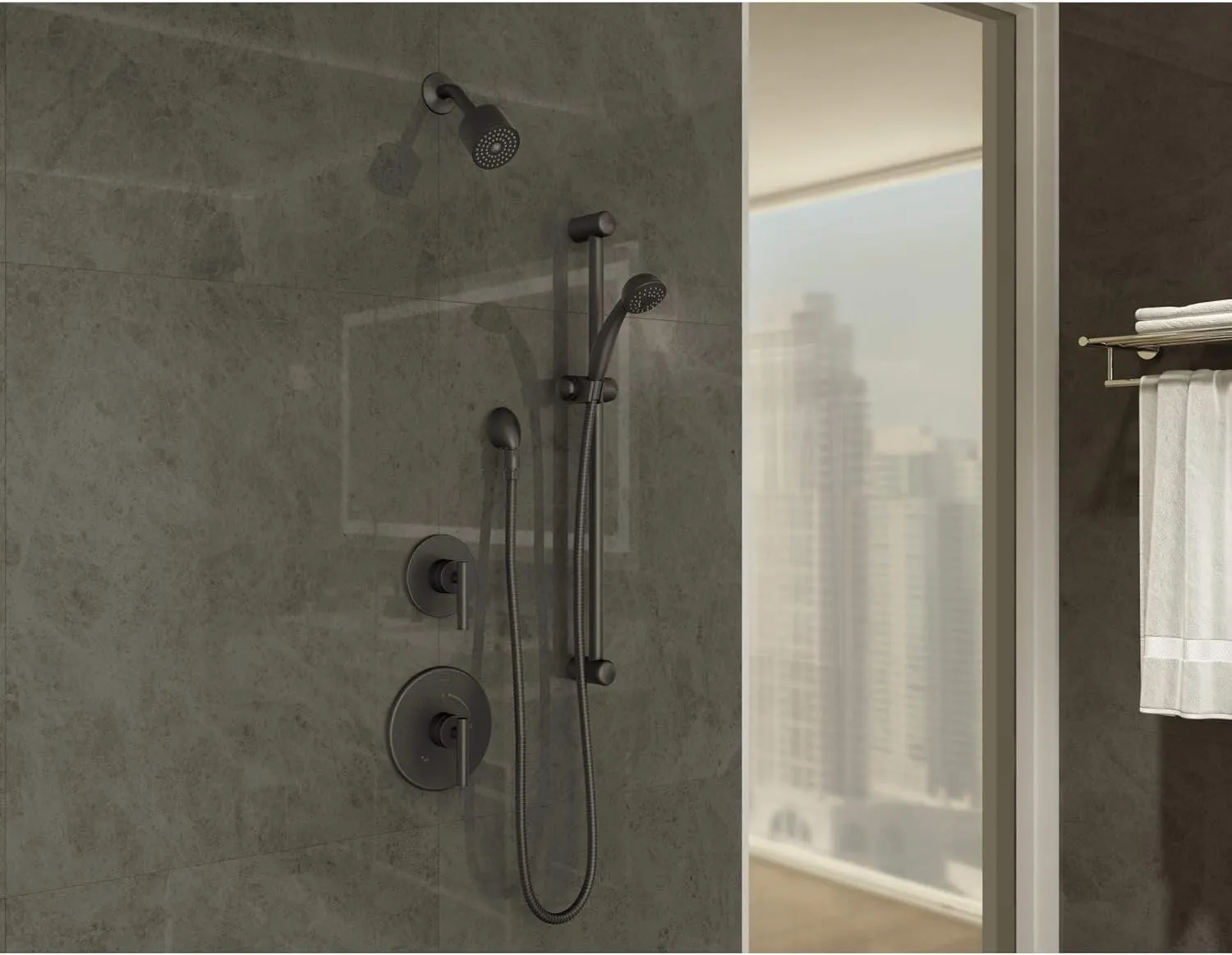 Symmons 3505-H321-V-CYL-BMB1.5TRM Dia 2-Handle 1-Spray Shower Trim with 1-Spray Hand Shower in Matte Black (Valves Not Included)