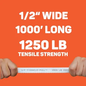 Tape 1/2" x 1000' Heavy-Duty Measuring Mule Tape Reel - 1250 lb Low-Stretch Pre-Lubricated Polyester Webbing Flat Rope for Cable Pulling & Conduit Installation