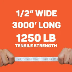 Tape 1/2" x 3000' Heavy-Duty Measuring Mule Tape Reel - 1250 lb Low-Stretch Pre-Lubricated Webbing Polyester Flat Rope for Cable Pulling & Conduit Installation