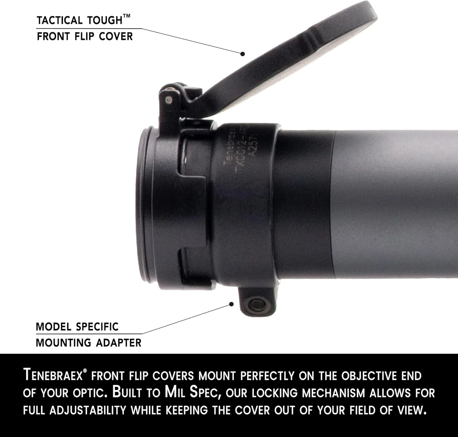 Tenebraex Objective Flip Up Scope Cover for Leica Visus 1-4x24, Nightforce NX8 1-8x24, Trijicon ACOG 1-6x24