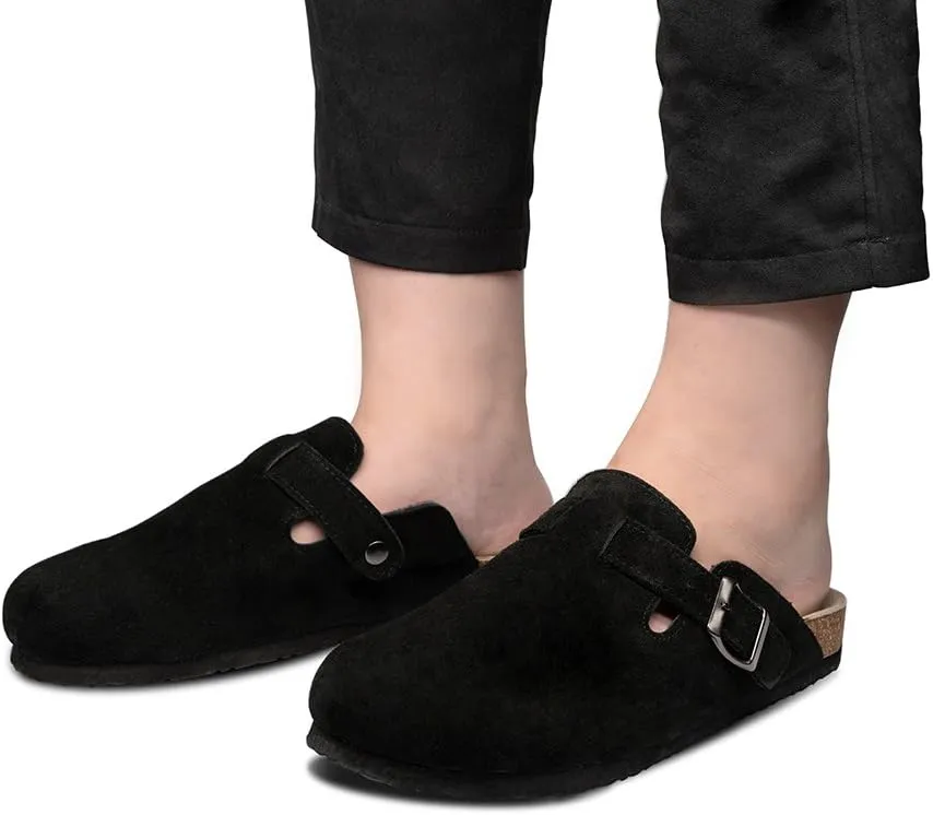TF STAR Unisex Soft Footbed Clog Cow Suede Leather Clogs, Cork Clogs Shoes for Women Men Tan