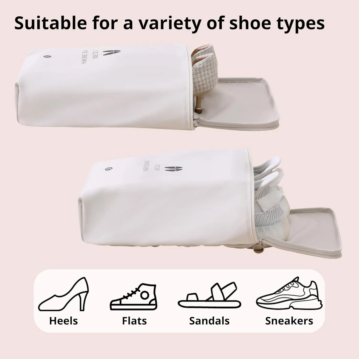 tianzong 2 Pack Shoe Bags for Travel, Water-resistant Shoe Storage Organizer with Zipper for Men and Women (Pink, T400-Beta)