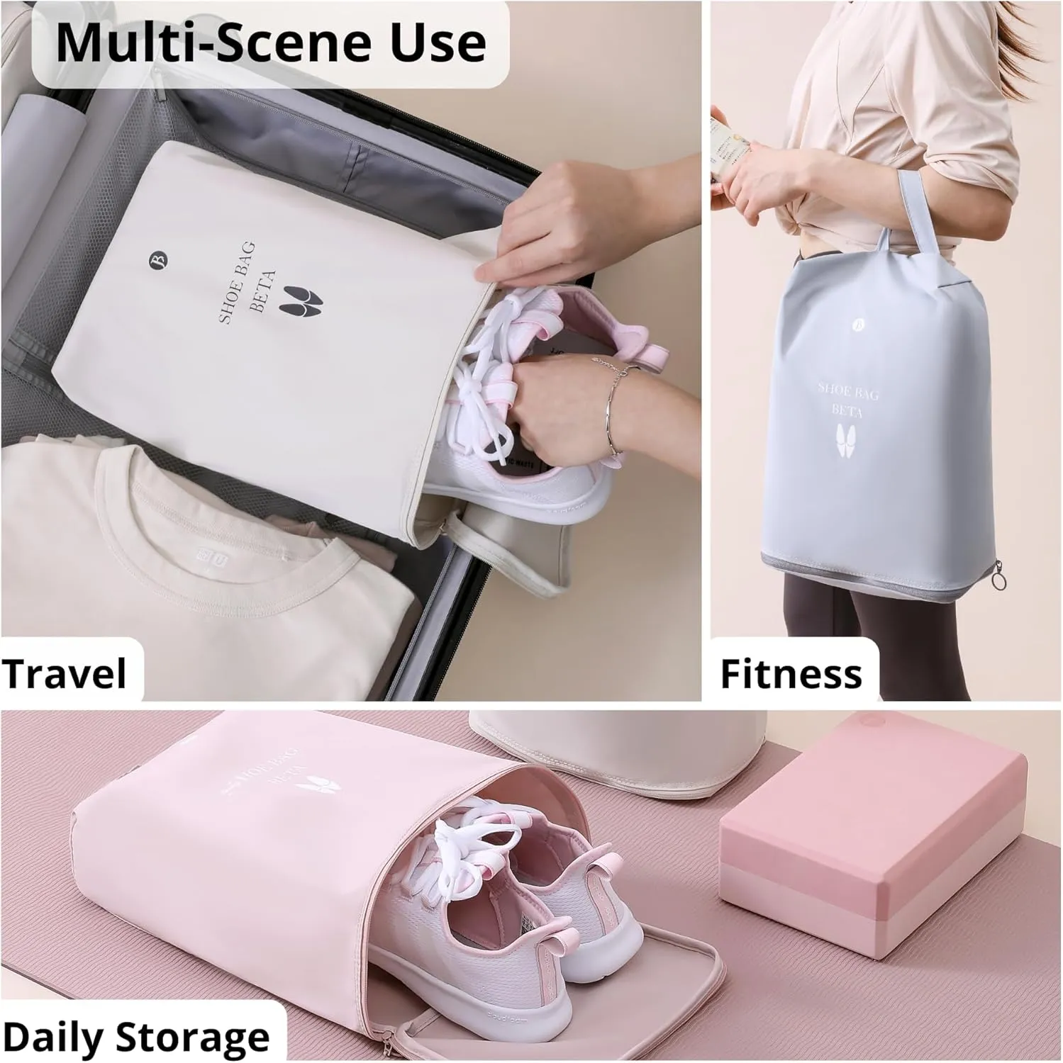 tianzong 2 Pack Shoe Bags for Travel, Water-resistant Shoe Storage Organizer with Zipper for Men and Women (Pink, T400-Beta)