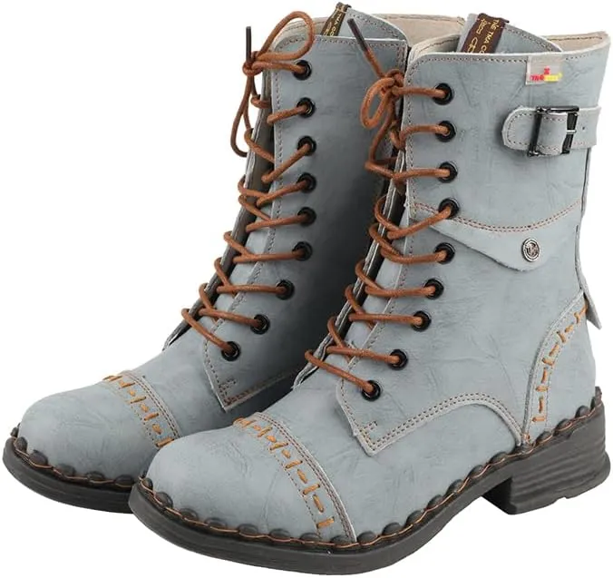 TMA EYES Women's Clasical Lace-Up Zipper Breathable Lining Flat with Hand-stitched Mid-calf Boots