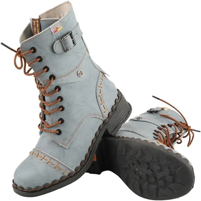 TMA EYES Women's Clasical Lace-Up Zipper Breathable Lining Flat with Hand-stitched Mid-calf Boots