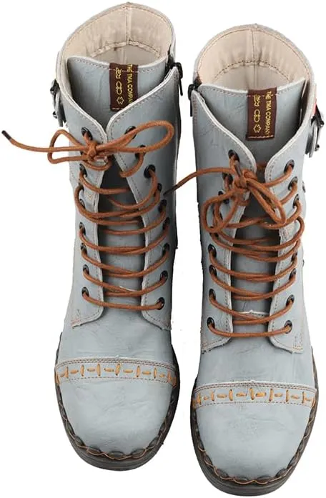 TMA EYES Women's Clasical Lace-Up Zipper Breathable Lining Flat with Hand-stitched Mid-calf Boots