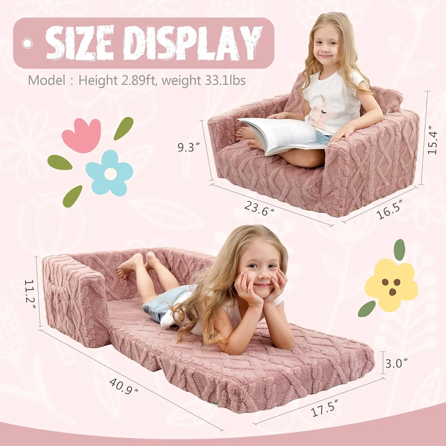 Toddler Couch for Kids – 2-in-1 Fold Out Sofa and Lounger, Soft Flannel Convertible Chair, Flip Open Kids Couch(Pink)