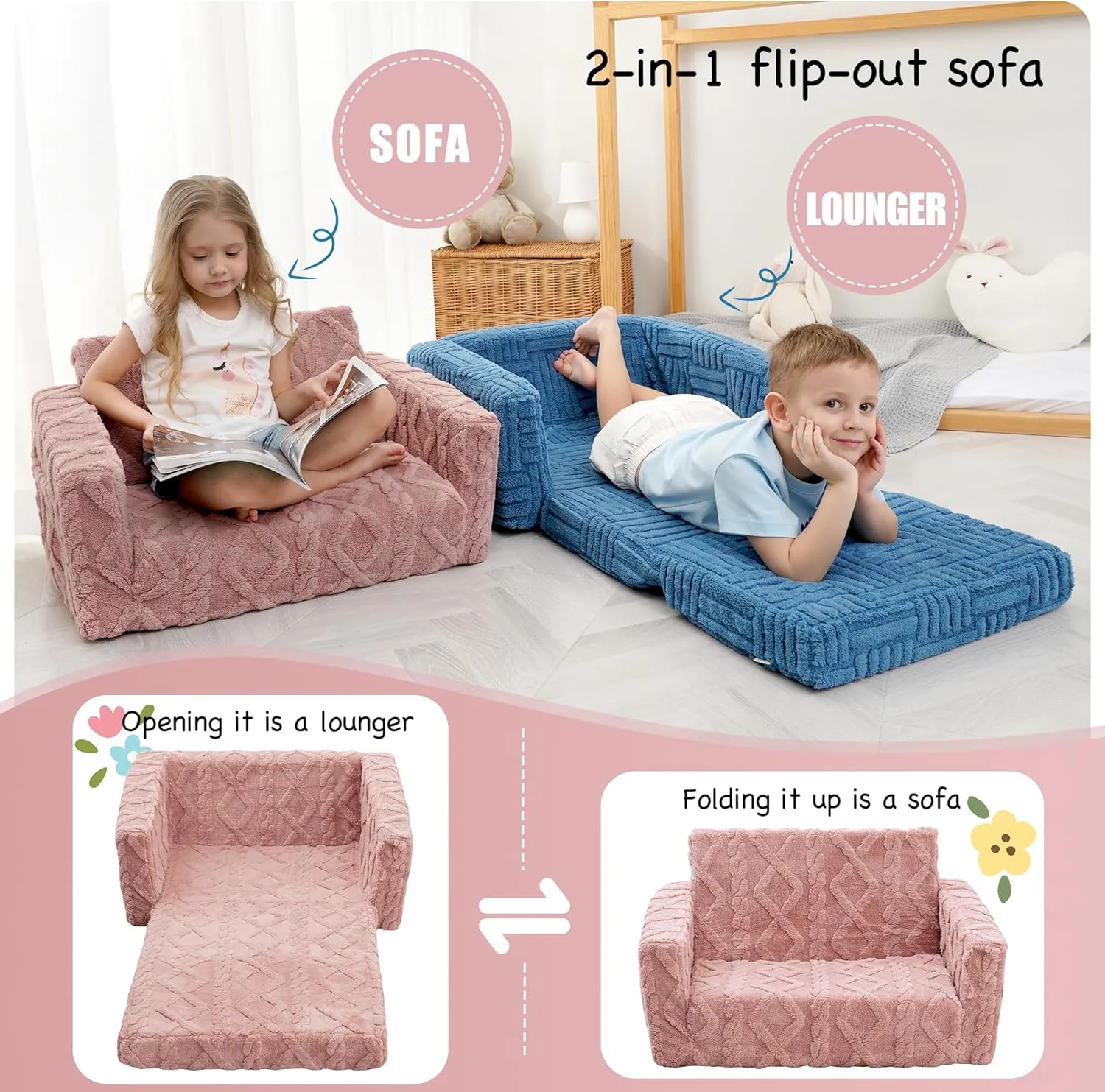 Toddler Couch for Kids – 2-in-1 Fold Out Sofa and Lounger, Soft Flannel Convertible Chair, Flip Open Kids Couch(Pink)