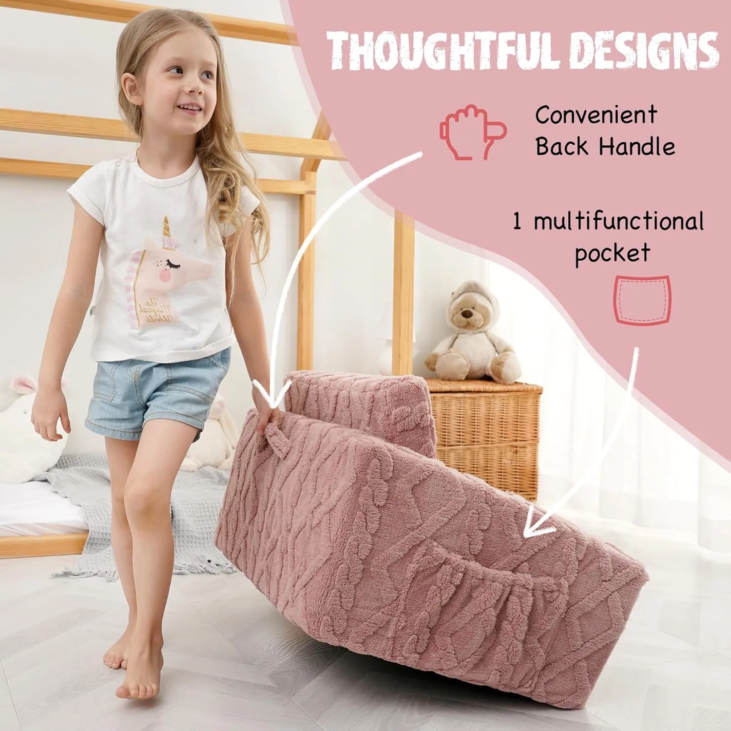 Toddler Couch for Kids – 2-in-1 Fold Out Sofa and Lounger, Soft Flannel Convertible Chair, Flip Open Kids Couch(Pink)