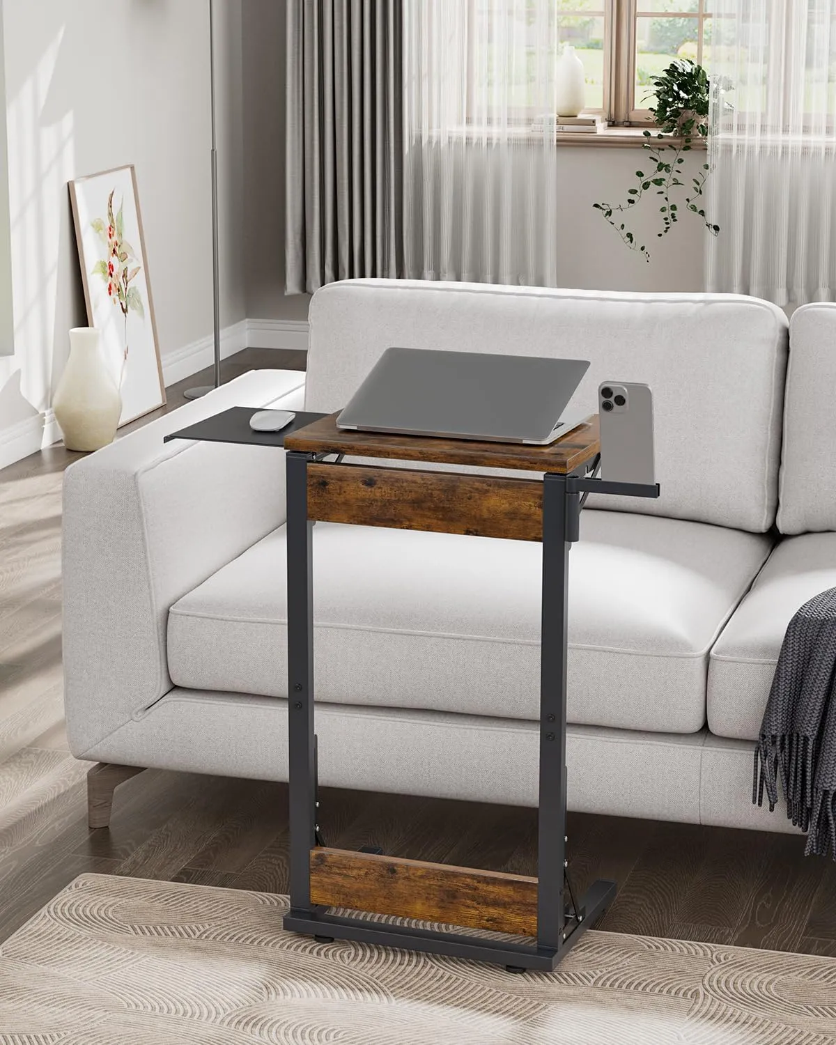 TV Tray for Eating, 11.81" D x 15.75" W Foldable Laptop Table with Mouse Tray for Couch, Folding C Shaped End Table, Sofa Side Desk for Living Room, Bedroom, Rustic Brown