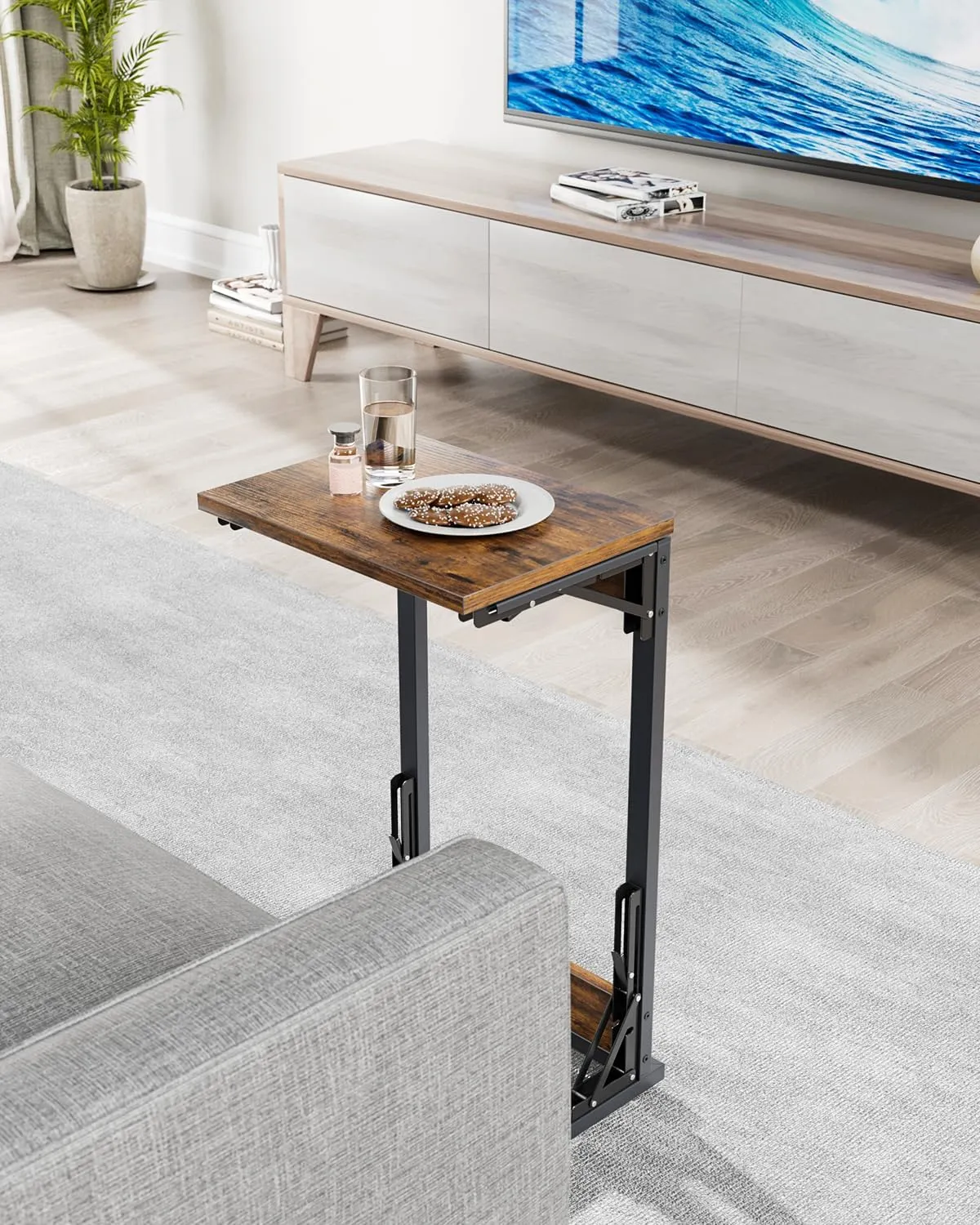 TV Tray for Eating, 11.81" D x 15.75" W Foldable Laptop Table with Mouse Tray for Couch, Folding C Shaped End Table, Sofa Side Desk for Living Room, Bedroom, Rustic Brown