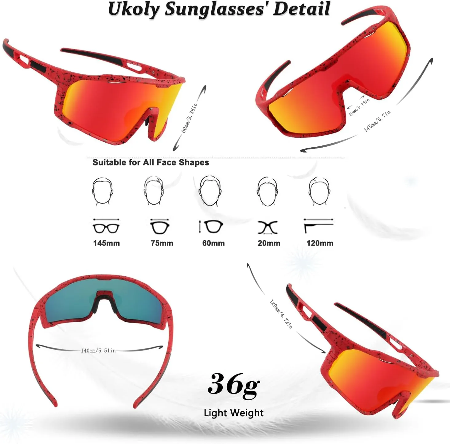 Ukoly Baseball/Running Sunglasses Cycling Glasses For Men Women,Sport Sunglasses HD Lens UV400 Protection TR90 Frame 620